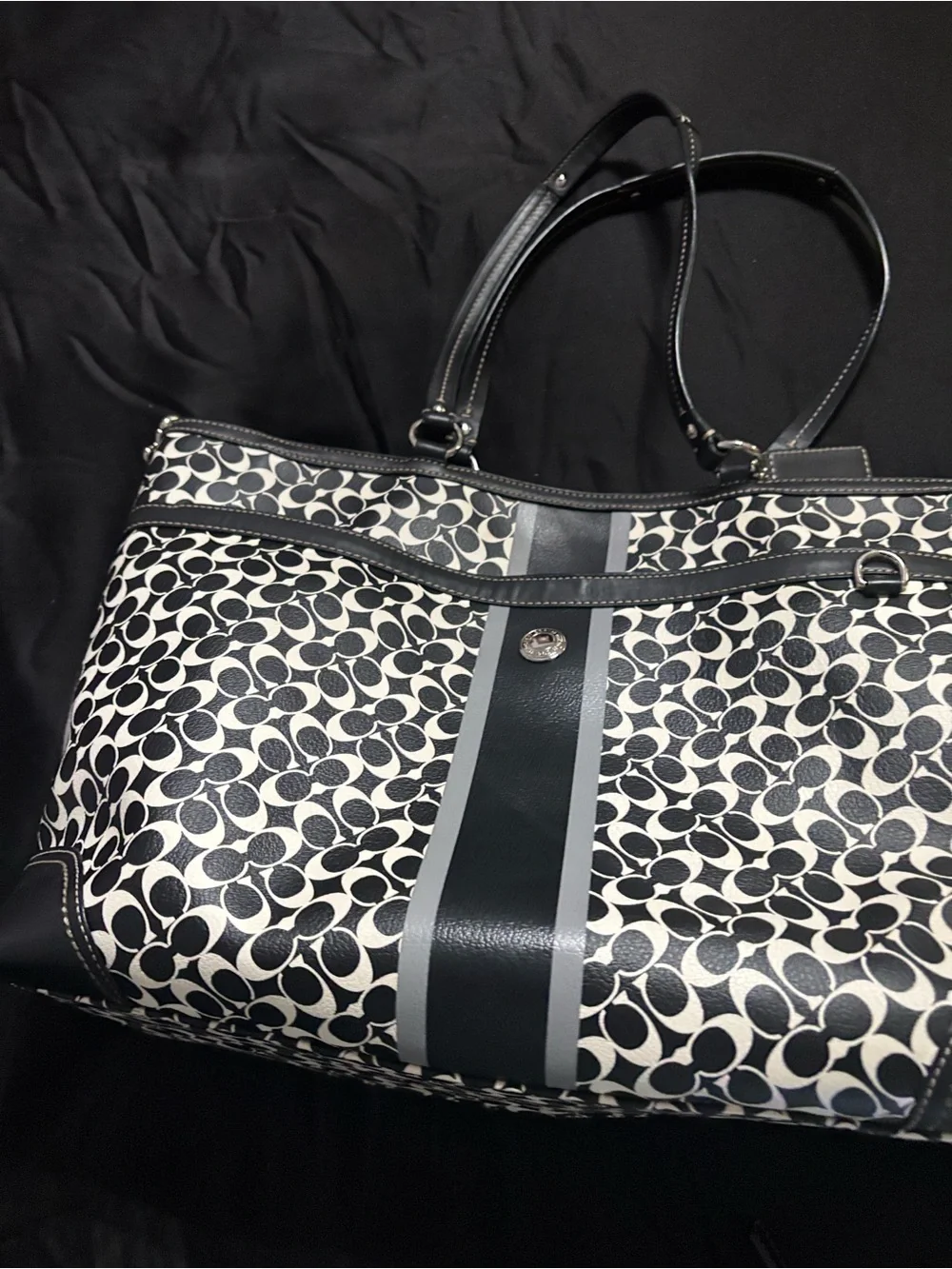 Coach Black & Cream Signature Stripe Tote with Matching Wallet